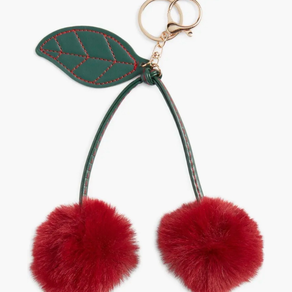 Elegant Red and Green Cherry Pom Pom Keychain
